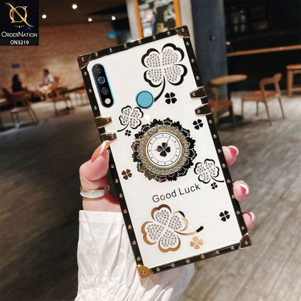 Tecno Camon 12 Cover - Ash White - Square Bling Diamond Glitter Soft TPU Trunk Case with Ring Holder