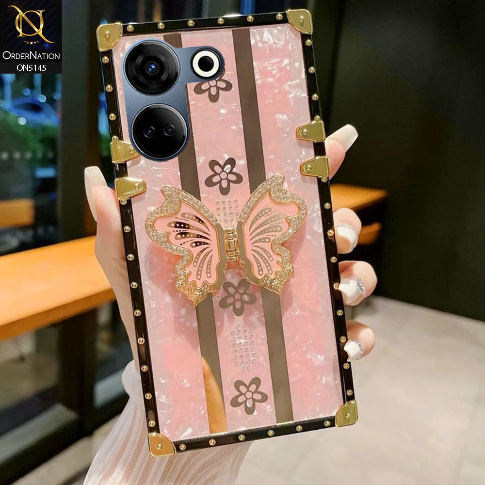 Tecno Camon 20 Pro - Pink - Luxury Shiny Rhinestone Butterfly Electroplated Square Trunk Soft Case