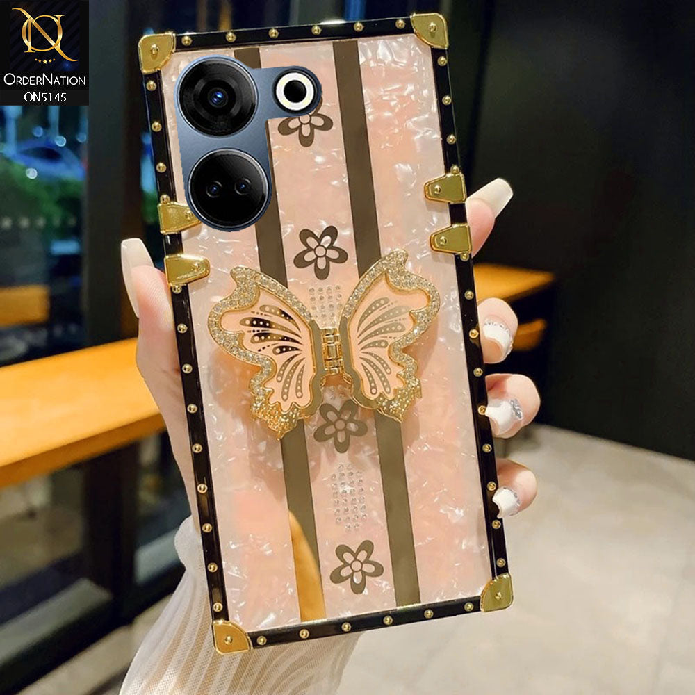 Tecno Camon 20 - Rose Gold - Luxury Shiny Rhinestone Butterfly Electroplated Square Trunk Soft Case