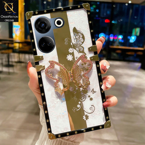 Tecno Camon 20 Pro - Covers - White - Luxury Shiny Rhinestone Butterfly Electroplated Square Trunk Soft Case