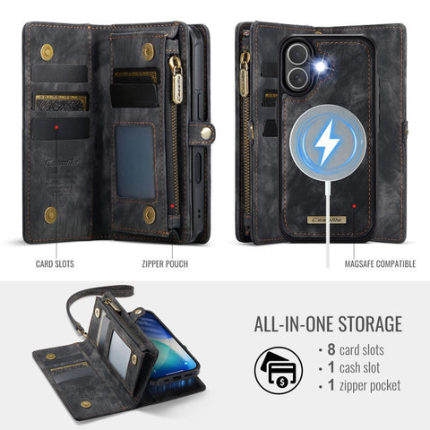 iPhone 17 Cover - Black - New Premium CaseMe  Detachable Folio Zipper Purse Leather Wallet Case with 8 Card Slots