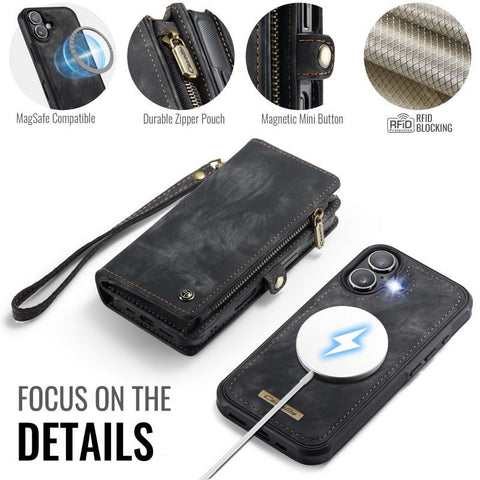 iPhone 17 Cover - Black - New Premium CaseMe  Detachable Folio Zipper Purse Leather Wallet Case with 8 Card Slots