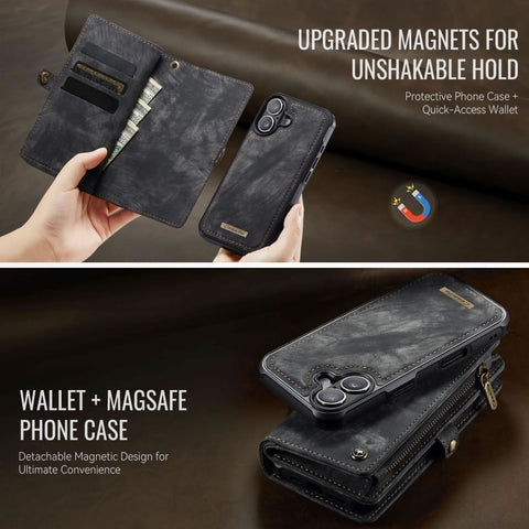 iPhone 17 Cover - Black - New Premium CaseMe  Detachable Folio Zipper Purse Leather Wallet Case with 8 Card Slots