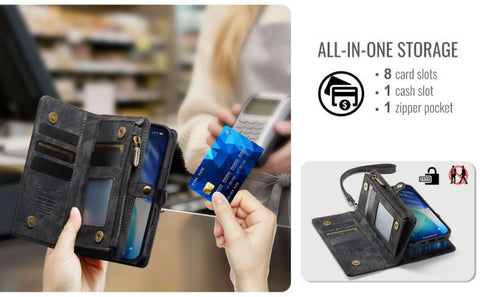 iPhone 17 Cover - Black - New Premium CaseMe  Detachable Folio Zipper Purse Leather Wallet Case with 8 Card Slots