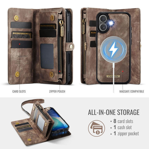iPhone 17 Cover - Brown - New Premium CaseMe  Detachable Folio Zipper Purse Leather Wallet Case with 8 Card Slots