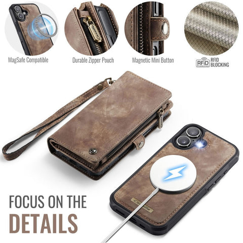 iPhone 17 Cover - Brown - New Premium CaseMe  Detachable Folio Zipper Purse Leather Wallet Case with 8 Card Slots