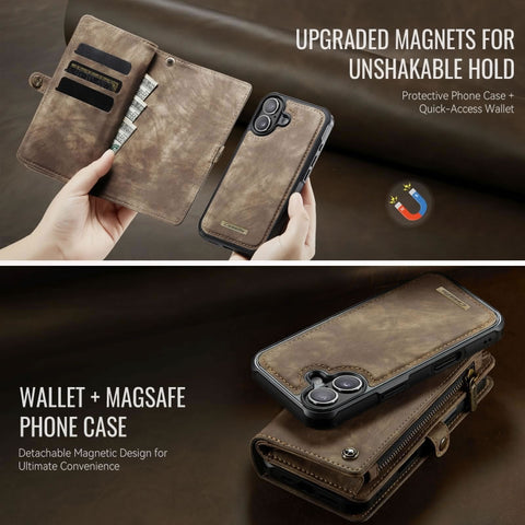 iPhone 17 Cover - Brown - New Premium CaseMe  Detachable Folio Zipper Purse Leather Wallet Case with 8 Card Slots