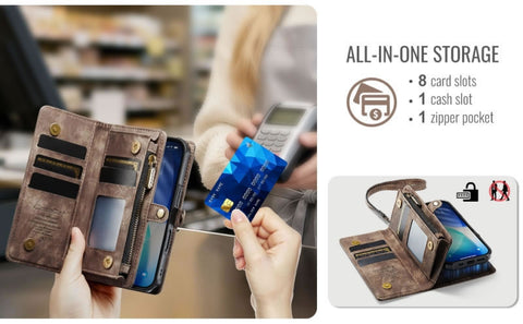 iPhone 17 Cover - Brown - New Premium CaseMe  Detachable Folio Zipper Purse Leather Wallet Case with 8 Card Slots