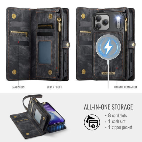 iPhone 17 Pro Max Cover - Black - New Premium CaseMe  Detachable Folio Zipper Purse Leather Wallet Case with 8 Card Slots