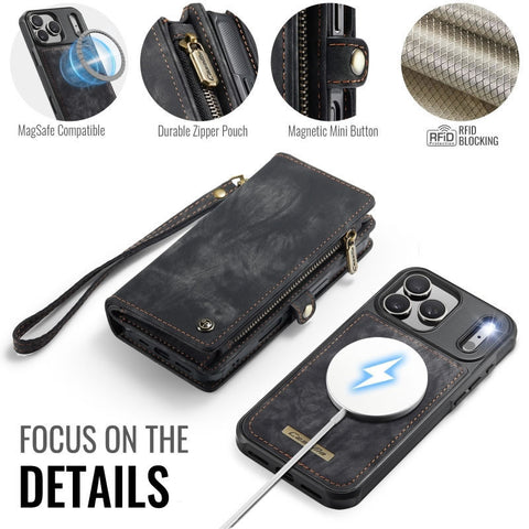 iPhone 17 Pro Max Cover - Black - New Premium CaseMe  Detachable Folio Zipper Purse Leather Wallet Case with 8 Card Slots