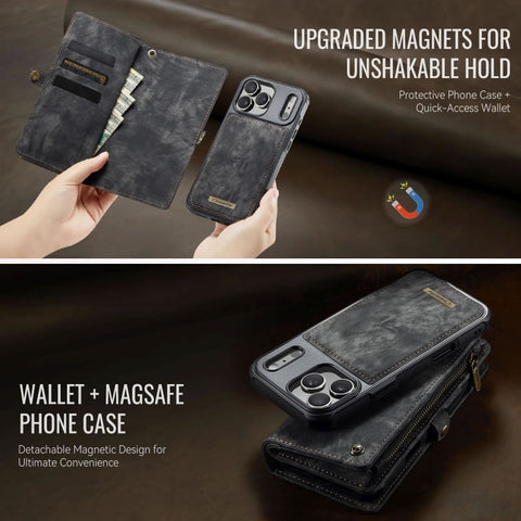 iPhone 17 Pro Cover - Black - New Premium CaseMe  Detachable Folio Zipper Purse Leather Wallet Case with 8 Card Slots