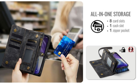 iPhone 17 Pro Cover - Black - New Premium CaseMe  Detachable Folio Zipper Purse Leather Wallet Case with 8 Card Slots