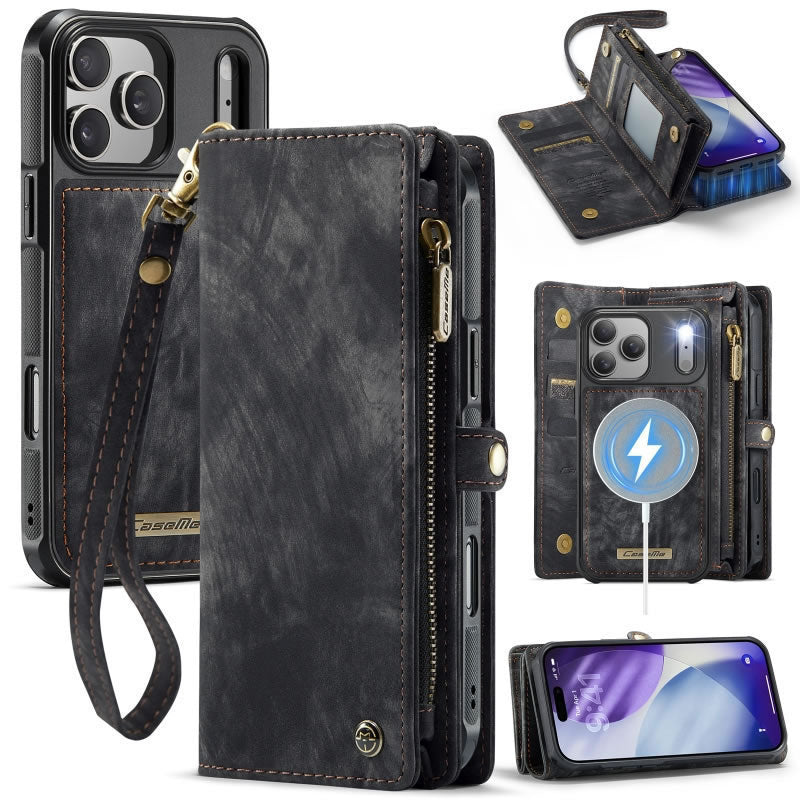 iPhone 17 Pro Cover - Black - New Premium CaseMe  Detachable Folio Zipper Purse Leather Wallet Case with 8 Card Slots