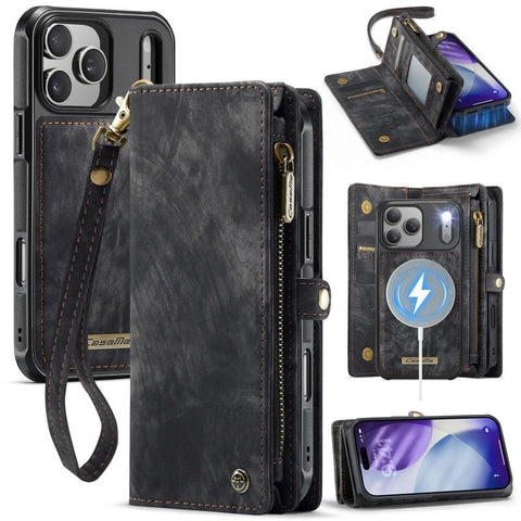 iPhone 17 Pro Max Cover - Black - New Premium CaseMe  Detachable Folio Zipper Purse Leather Wallet Case with 8 Card Slots