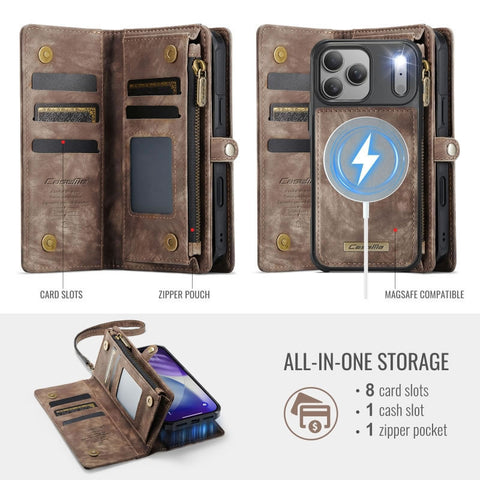 iPhone 17 Pro Max Cover - Brown - New Premium CaseMe  Detachable Folio Zipper Purse Leather Wallet Case with 8 Card Slots