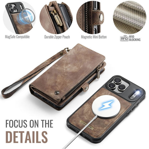 iPhone 17 Pro Max Cover - Brown - New Premium CaseMe  Detachable Folio Zipper Purse Leather Wallet Case with 8 Card Slots