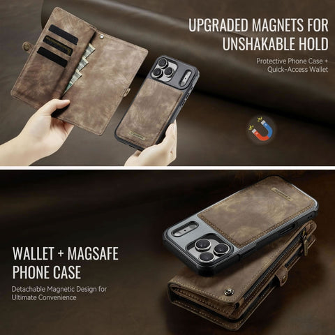 iPhone 17 Pro Cover - Brown - New Premium CaseMe  Detachable Folio Zipper Purse Leather Wallet Case with 8 Card Slots
