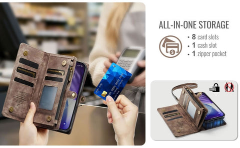 iPhone 17 Pro Cover - Brown - New Premium CaseMe  Detachable Folio Zipper Purse Leather Wallet Case with 8 Card Slots