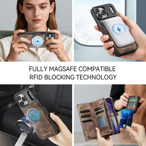 iPhone 17 Pro Max Cover - Brown - New Premium CaseMe  Detachable Folio Zipper Purse Leather Wallet Case with 8 Card Slots
