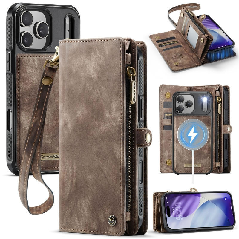 iPhone 17 Pro Cover - Brown - New Premium CaseMe  Detachable Folio Zipper Purse Leather Wallet Case with 8 Card Slots