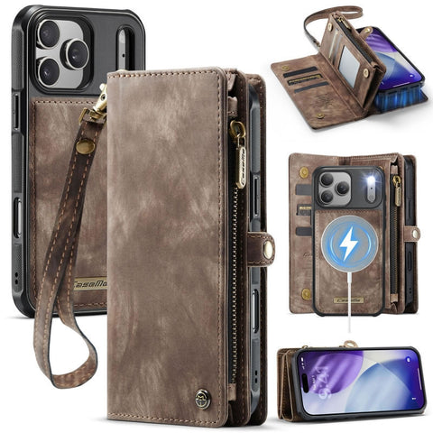 iPhone 17 Pro Cover - Brown - New Premium CaseMe  Detachable Folio Zipper Purse Leather Wallet Case with 8 Card Slots