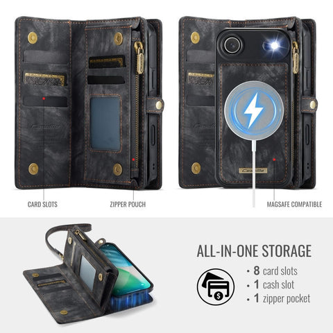 iPhone 17 Air Cover - Black - New Premium CaseMe  Detachable Folio Zipper Purse Leather Wallet Case with 8 Card Slots