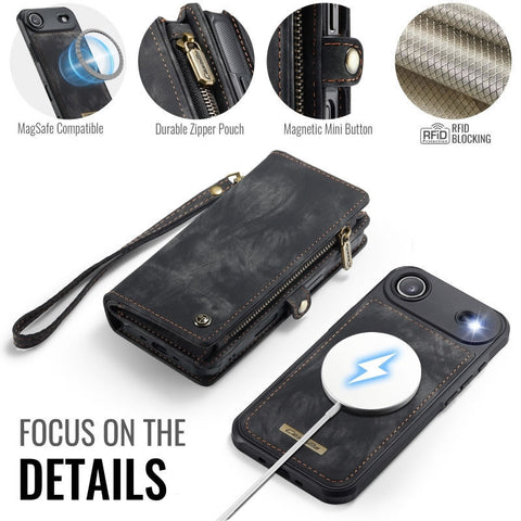 iPhone 17 Air Cover - Black - New Premium CaseMe  Detachable Folio Zipper Purse Leather Wallet Case with 8 Card Slots
