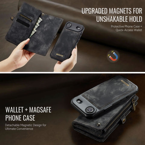 iPhone 17 Air Cover - Black - New Premium CaseMe  Detachable Folio Zipper Purse Leather Wallet Case with 8 Card Slots