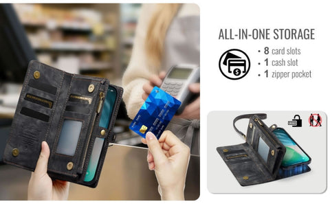 iPhone 17 Air Cover - Black - New Premium CaseMe  Detachable Folio Zipper Purse Leather Wallet Case with 8 Card Slots