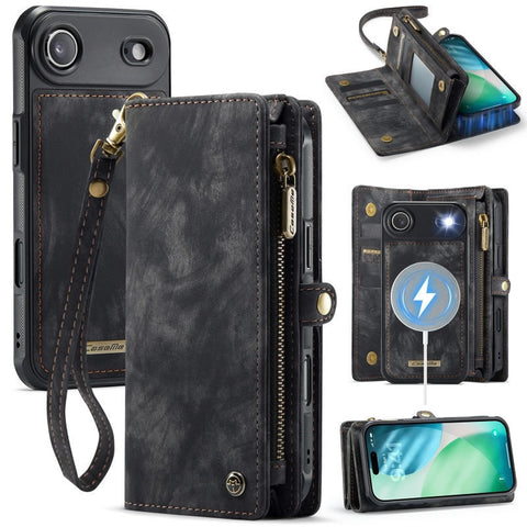 iPhone 17 Air Cover - Black - New Premium CaseMe  Detachable Folio Zipper Purse Leather Wallet Case with 8 Card Slots
