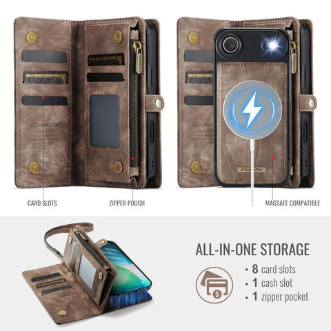 iPhone 17 Air Cover - Brown - New Premium CaseMe  Detachable Folio Zipper Purse Leather Wallet Case with 8 Card Slots