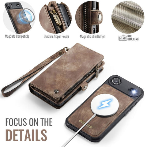 iPhone 17 Air Cover - Brown - New Premium CaseMe  Detachable Folio Zipper Purse Leather Wallet Case with 8 Card Slots