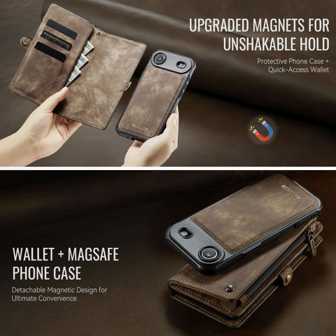 iPhone 17 Air Cover - Brown - New Premium CaseMe  Detachable Folio Zipper Purse Leather Wallet Case with 8 Card Slots