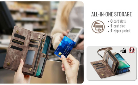 iPhone 17 Air Cover - Brown - New Premium CaseMe  Detachable Folio Zipper Purse Leather Wallet Case with 8 Card Slots