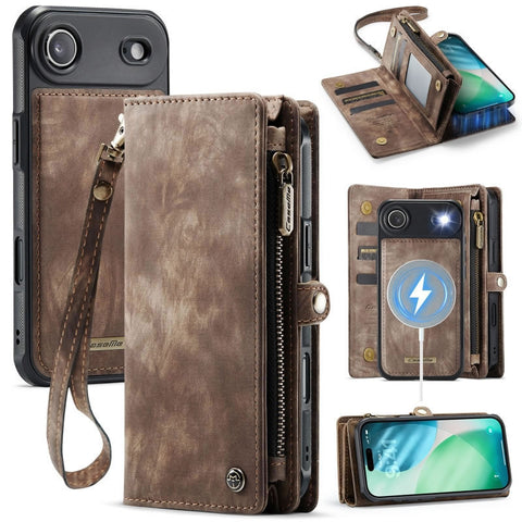 iPhone 17 Air Cover - Brown - New Premium CaseMe  Detachable Folio Zipper Purse Leather Wallet Case with 8 Card Slots