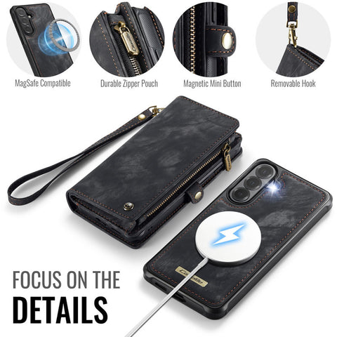 Samsung Galaxy S25 FE Cover - Black - New Premium CaseMe  Detachable Folio Zipper Purse Leather Wallet Case with 8 Card Slots
