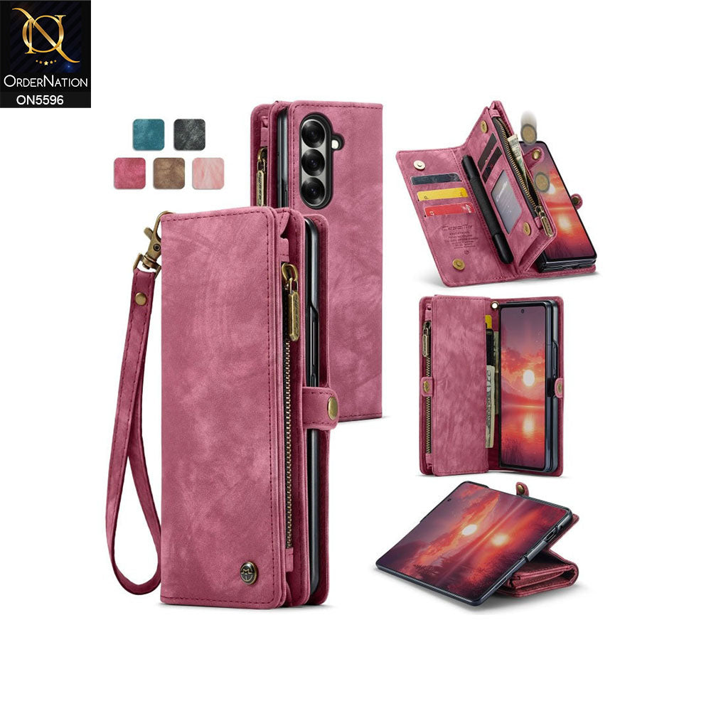Samsung Galaxy Z Fold 7 Cover - Red -  CaseMe Premium Vintage Leather Folio Zipper Wallet Case with Magnetic Closure and 7 Card Slots