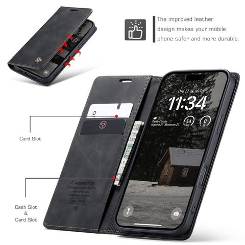 iPhone 17 Air Cover - Black - CaseMe Premium High Quality Wallet Magnetic Suede Leather Case