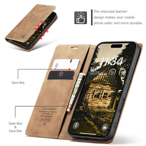 iPhone 17 Air Cover - Brown - CaseMe Premium High Quality Wallet Magnetic Suede Leather Case
