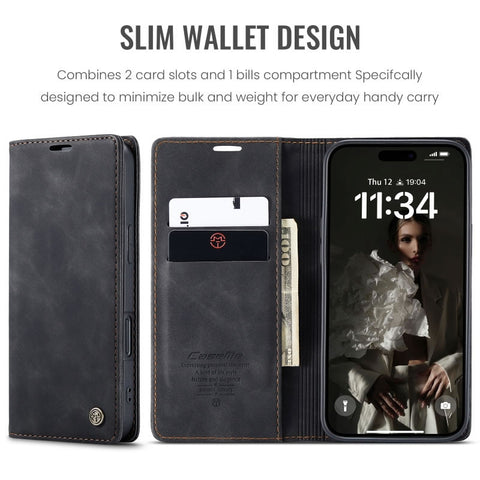 iPhone 17 Cover - Black - CaseMe Premium High Quality Wallet Magnetic Suede Leather Case