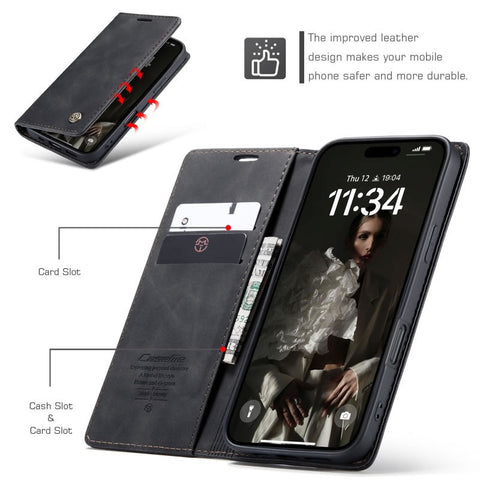 iPhone 17 Cover - Black - CaseMe Premium High Quality Wallet Magnetic Suede Leather Case
