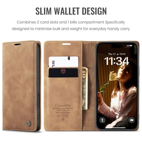 iPhone 17 Cover - Brown - CaseMe Premium High Quality Wallet Magnetic Suede Leather Case