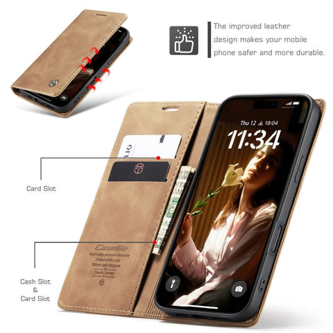 iPhone 17 Cover - Brown - CaseMe Premium High Quality Wallet Magnetic Suede Leather Case