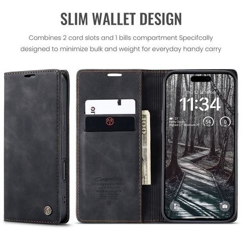 iPhone 17 Pro Cover - Black - CaseMe Premium High Quality Wallet Magnetic Suede Leather Case