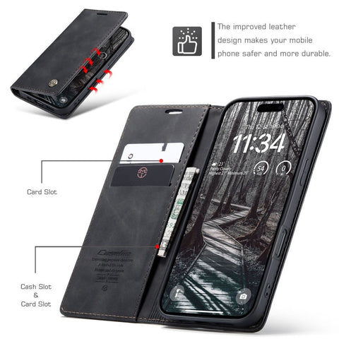 iPhone 17 Pro Cover - Black - CaseMe Premium High Quality Wallet Magnetic Suede Leather Case