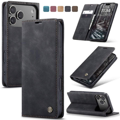 iPhone 17 Pro Cover - Black - CaseMe Premium High Quality Wallet Magnetic Suede Leather Case