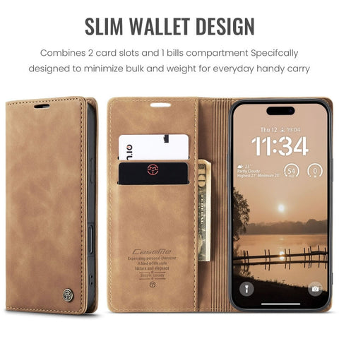 iPhone 17 Pro Cover - Brown - CaseMe Premium High Quality Wallet Magnetic Suede Leather Case
