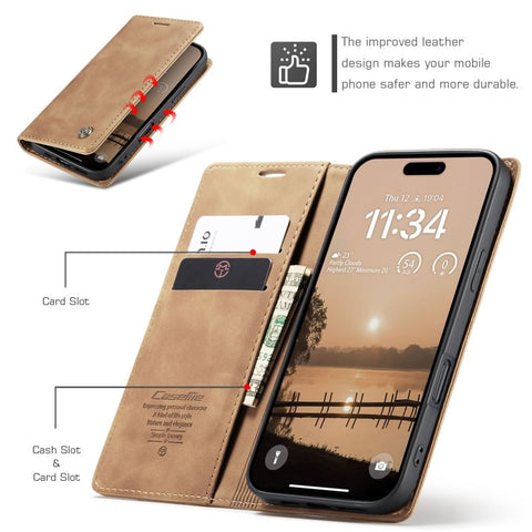 iPhone 17 Pro Cover - Brown - CaseMe Premium High Quality Wallet Magnetic Suede Leather Case