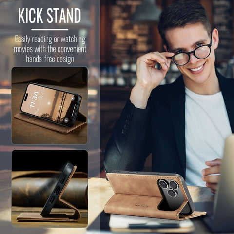 iPhone 17 Pro Cover - Brown - CaseMe Premium High Quality Wallet Magnetic Suede Leather Case