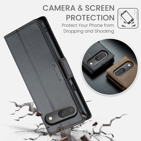 Google Pixel 9 Cover - Black -  CaseMe Premium High Quality Wallet Magnetic Suede Leather Case